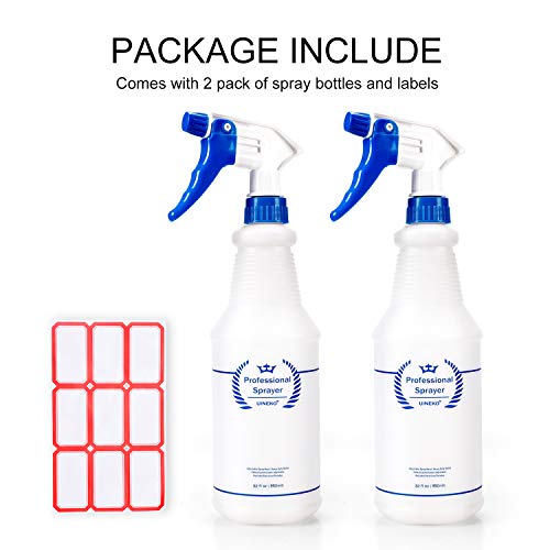 Plastic Spray Bottles 2 Pack, 32 Oz, Heavy Duty Sprayer, All-Purpose, Blue | Chemical Resistant, Mist & Stream, Leak-Proof, Better Trigger, Measurements, for Cleaning Solutions, Planting, Car Detailing - color: Blue