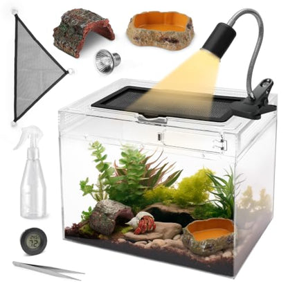 AZV Reptile Tank Starter Kit,8 Piece Escape Proof Hermit Crab Cage Small | All In One Lizard Terrarium,Multi-Vent Compatible Gecko Habitat,Clear PC Material Frog Enclosure,Easy-Clean Waterproof Base - size: Small(12*9*7IN)