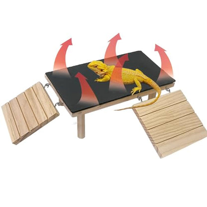 Bearded Dragon Basking Platform with Climbing Ramp,Reptile Basking Rock Slate,Wooden Platform Hide Cave Tank Accessories for Lizard Tortoise Leopard Gecko Snake (M) - size: M - 11.8"D x 5.9"W x 4.7"H