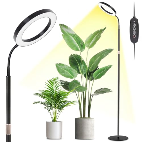 LBW Grow Light with Stand for Indoor Plants, 8" Halo Full Spectrum Grow Light, Adjustable Height up to 68", Auto Cycle Timer (4/8/12H), 6-Level Dimmable, Plant Light for Indoor Growing - size: 1 Head 8" Large Black