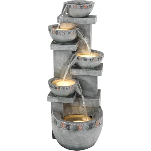 33" H 4-Tier Pebble Textured Fountain Outdoor with Warm LED Lights | Modern Water Feature Outdoor with Soothing Cascading Waterfall for Patio, Backyard, Garden or Porch - color: 33"h Concrete & Pebbles
