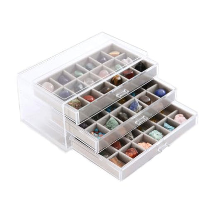 Rock Display Case, 54 Girds Rock Collection Display, Rock Collection Box for Kids with Acrylic Cover and Velvet Compartment, Gemstone Display Case for Stones, Crystals, Gems (Grey) - size: Grey