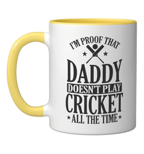 Daddy doesn't play Cricket all the Time Ceramic Mug, Yellow/White, 11oz - color: Yellow/White, size: 11 Ounces