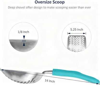 Cat Litter Scoop, Aluminum Alloy Sifter, Kitty Metal Scooper, Deep Shovel with Diagonal Sifting Hole, Long Handle, Kitten Poop Lifter for Litter Box, Large Size, Turkish Blue Handle - color: #02 Turkish Blue, size: Large