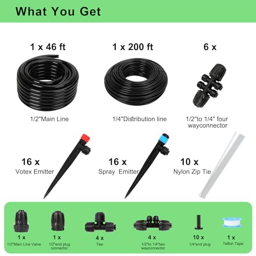 250FT Drip Irrigation System Kit, 50FT 1/2" Main Tube & 200FT 1/4" Tubing, Quick Connect Design, Brass Splitter, Adjustable Emitters & Misting Sprayers for Garden, Lawn, Raised Beds, Outdoor Plants - size: 246FT (46FT 1/2 Inch+200FT 1/4 Inch）