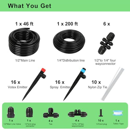 250FT Drip Irrigation System Kit, 50FT 1/2" Main Tube & 200FT 1/4" Tubing, Quick Connect Design, Brass Splitter, Adjustable Emitters & Misting Sprayers for Garden, Lawn, Raised Beds, Outdoor Plants - size: 246FT (46FT 1/2 Inch+200FT 1/4 Inch）