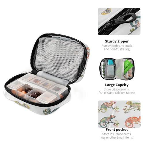 Funny Chameleon Reptile White Pill Bags for Travel Reusable with Detachable Compartments Portable Pill Organizer 2 Times a Day for Purse