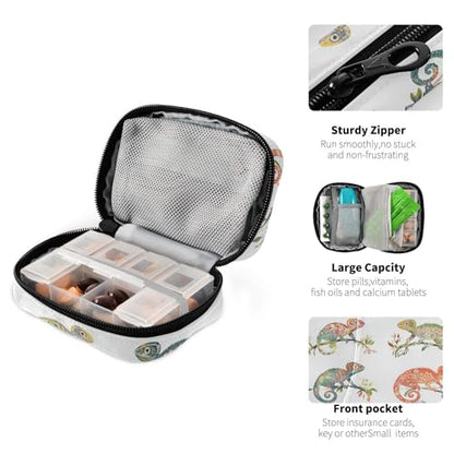 Funny Chameleon Reptile White Pill Bags for Travel Reusable with Detachable Compartments Portable Pill Organizer 2 Times a Day for Purse
