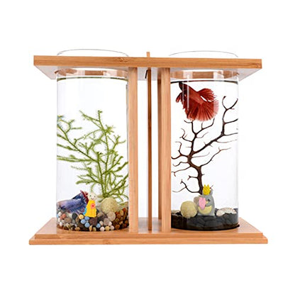Creative Bamboo and Wood Ecological Fish Tank Creative Fish Tank Small Fish Tank Betta Fish Tank Aquaponic Fish Tank with Dual Glass LED Divider Wood Base DIY Landscape Desktop Aquarium