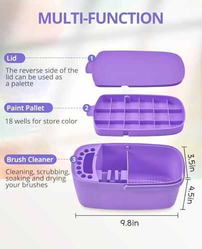 GAMENOTE Paint Brush Cleaner, Paint Brush Holder and Palette, Purple | All-in-one painting station washes and rests brushes, mixes colors, and stores paint in 18 wells with a portable handle. - color: Purple
