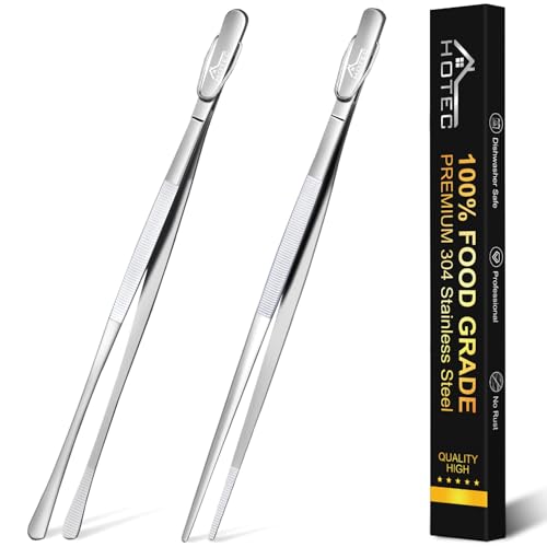 HOTEC Kitchen Tweezers Tongs Stainless Steel Professional Chef Tweezers, Set of 2-12inch Extra-Long Food Tongs for Cooking,Grill and Baking - color: Silver, size: 2PCS: 12 Inch with hook