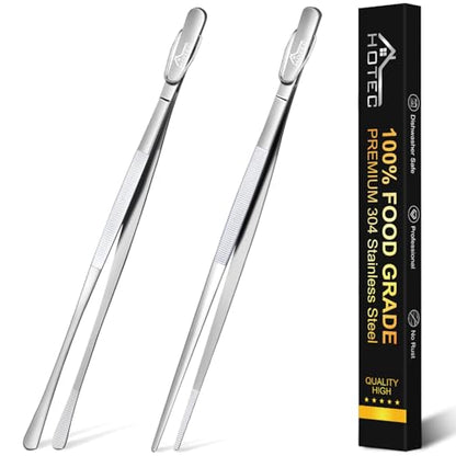 HOTEC Kitchen Tweezers Tongs Stainless Steel Professional Chef Tweezers, Set of 2-12inch Extra-Long Food Tongs for Cooking,Grill and Baking - color: Silver, size: 2PCS: 12 Inch with hook