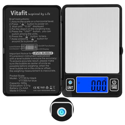 Vitafit 500g Digital Gram Scale in 0.01g, High Accuracy Assured by Built-in Level Bubble, Scale Professional Since 2001, Pocket Scale for Multi-Function: Kitchen, Food, Jewelry, Lab, Coffee, Black - color: Black, size: 4.8 x 3.3in
