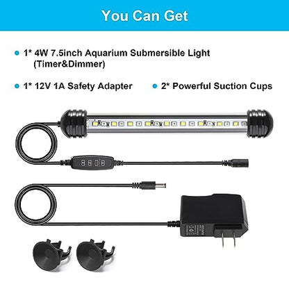 DaToo 4W 7.5inch Submersible Aquarium Light Underwater Fish Tank Light LED Aquarium Light Bar with Timer Auto On/Off and Dimmer Adjustable Brightness, 1 Yr Warranty - size: 4W 7.5inch (With Timer&Dimmer)