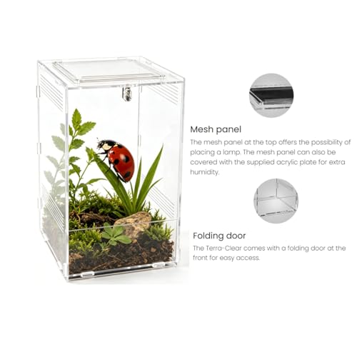 Vertical Acrylic Terrarium, 4.5" x 3.9" x 6.5" Clear Small Pet Enclosure with 304 Stainless Steel Mesh Top, Waterproof Base, Secure Door for Jumping Spider, Tarantula Sling and Small Invertebrates