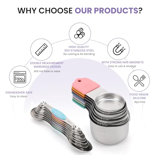 HOUJIP Magnetic Measuring Cups and Spoons Set-304 Stainless Steel,Colors | Double Measurement Markings,BPA-Free,Set of 16 with Leveler for Measuring Dry and Liquid Ingredients - color: Color