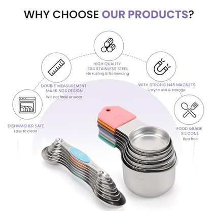HOUJIP Magnetic Measuring Cups and Spoons Set-304 Stainless Steel,Colors | Double Measurement Markings,BPA-Free,Set of 16 with Leveler for Measuring Dry and Liquid Ingredients - color: Color