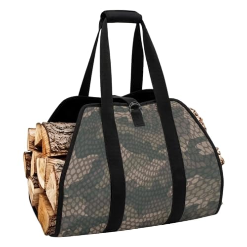 Snake Scale Camo Print Wood Carrying Bag for Firewood | Foldable Design, Adjustable Buckle Straps, Ideal for Indoor Stoves, Bonfires and Long RV Road Trips - color: Green Snake Scale Camo Print