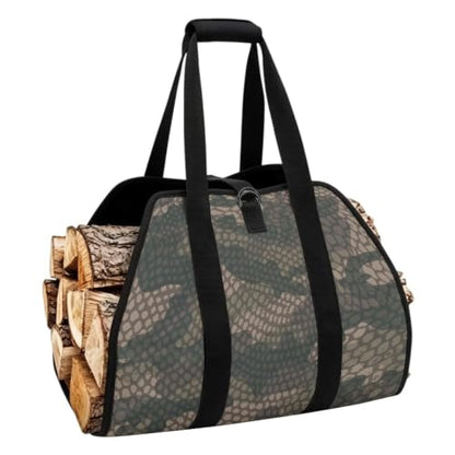 Snake Scale Camo Print Wood Carrying Bag for Firewood | Foldable Design, Adjustable Buckle Straps, Ideal for Indoor Stoves, Bonfires and Long RV Road Trips - color: Green Snake Scale Camo Print