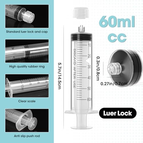 60ml Luer Lock Syringe with Cap and Soft Plastic Tube, 10 Pack | Suitable for Pet Liquids Feeding, Individually Wrapped - size: 60ml - 4.0mm Tube