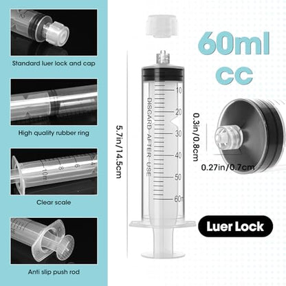 60ml Luer Lock Syringe with Cap and Soft Plastic Tube, 10 Pack | Suitable for Pet Liquids Feeding, Individually Wrapped - size: 60ml - 4.0mm Tube