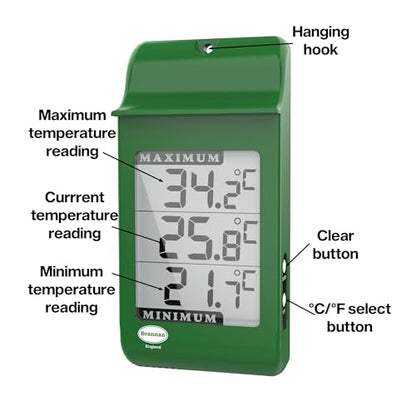 Digital Max Min Greenhouse Thermometer - Monitor Maximum and Minimum Temperatures for Use in The Garden Greenhouse or Home & Can Be Used Indoor or Outdoor Easily Wall Mounted