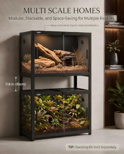 48 Gallon Reptile Tank, Gecko Reptile Enclosure Front Sliding Door | Stackable ventilation Gecko reptile terrariums Tank anti-escape locks and no-fingerprint handles humidification atomization - color: Black, size: 48 Gallon