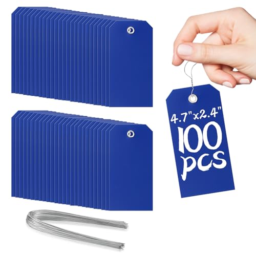 100 Pieces Plastic Shipping Tags with Wires Blank Labeling Tags Waterproof Hang Tags with Reinforcement Hole Durable Wire Tags Labels Stacking Tags for Equipment Parts (Dark Blue, 4 3/4" x 2 3/8") - color: Dark Blue, size: 4 3/4" x 2 3/8"