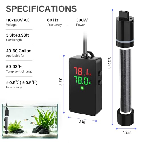 hygger 300W Aquarium Heater for 40–60 Gallon Tanks, ±0.5°C Precise Temperature Control, Dual Probe, External Controller, Overheat & Dry-Run Protection, for Freshwater & Saltwater - size: 300W