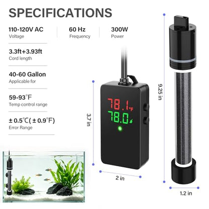 hygger 300W Aquarium Heater for 40–60 Gallon Tanks, ±0.5°C Precise Temperature Control, Dual Probe, External Controller, Overheat & Dry-Run Protection, for Freshwater & Saltwater - size: 300W