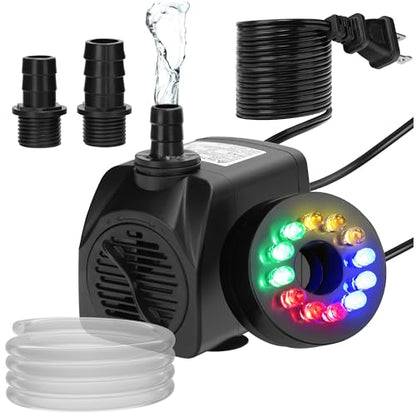 DaToo Mini Submersible Fountain Water Pump With LED Light 400GPH 25W Small Ultra Quiet Water Pump With Tubing For Aquarium Fish Tank Outdoor Pond Water Feature Fountain Statuary - size: 400GPH 25W(12 LED)