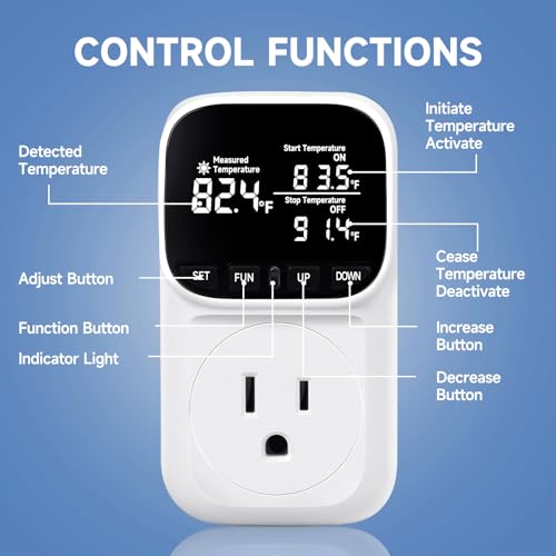 Temperature Controlled Outlet with 16.4ft & 6.5ft 2 Probes, Reptile Thermostat 15A 1800W Digital Thermostat, Heating Cooling Timer with Cyclic Timing/Countdown, -40℉~210℉ for Reptile Incubator - color: White