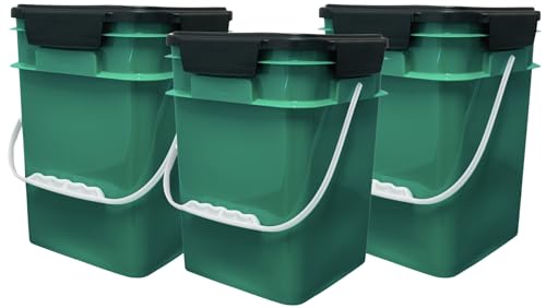 4 Gallon Square Food Grade Bucket Pail with Plastic Handles and Lid (Pack of 3) Made in USA containers (Dark Green - Black lids) - color: Dark Green - Black Lids