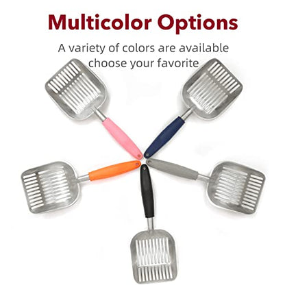 Cat Litter Scoop, Kitty Metal Scooper, Aluminum Alloy Sifter, Kitten Pooper Lifter, Deep Shovel, Long Handle, Poop Sifting, Durable, Heavy Duty, for Litter Box - color: Flat Aluminum-Black Handle, size: Large