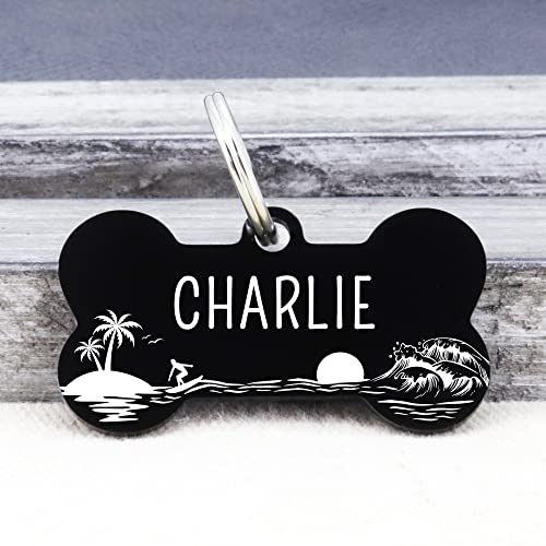 UltraJoys Stainless Steel Pet ID Tag - Personalized Front and Back Engraving, Bone Tag with Ocean Surfing Design, Small - color: Bone-surfing, size: Small