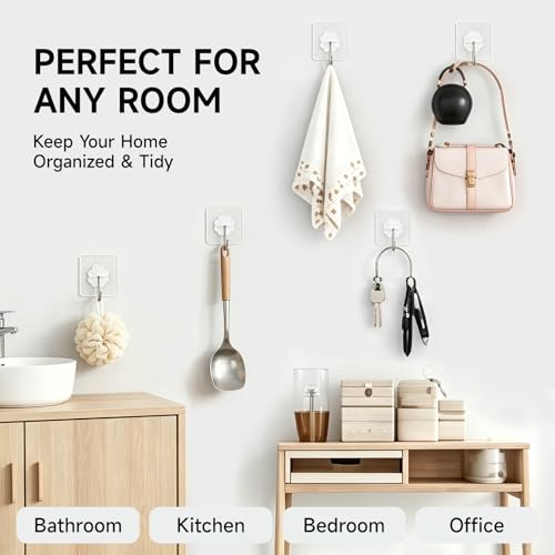 16 Pack Crystal Clear Adhesive Hooks for Hanging, Heavy Duty 22lb | Sticky Hooks, Invisible Clear Wall Hooks No Drill No Damage, Waterproof Shower Hooks for Bathroom Kitchen Towel Keys