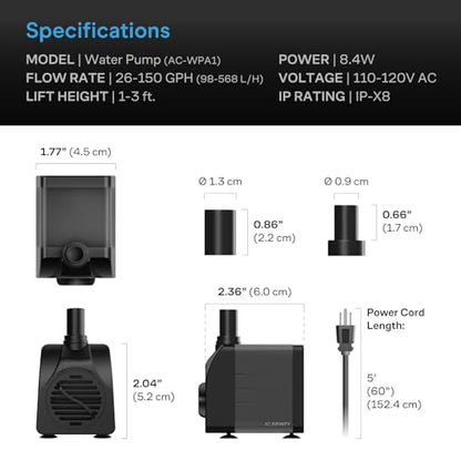 AC Infinity 150 GPH Submersible Water Pump (568 L/H, 8W) | Ultra Quiet Fountain Pump w/ 3 ft High Lift, 5 ft Power Cord, for Fish Tanks, Aquariums, Fountains, Statuaries, Ponds, Pools - size: 150 GPH