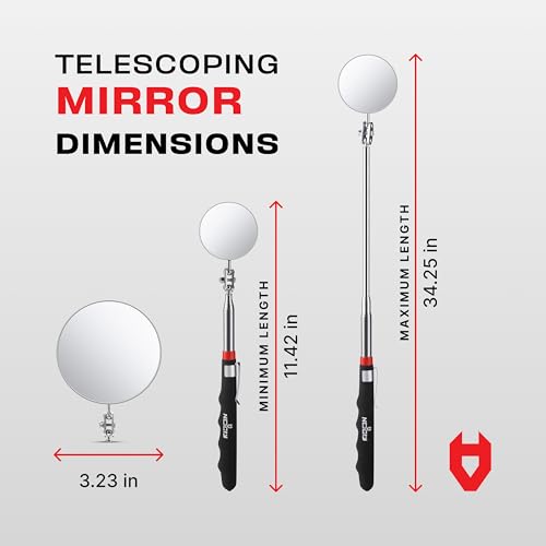 NoCry Heavy Duty Telescoping Inspection Mirror — 3.23 Inch Round Mirror on a Stick; 2-in-1 Storage Pouch; Extendable Mirror up to 30in; Non-Slip Handle; 360° Inspection Mirror Telescoping Swivel Head - style: Telescoping Inspection Mirror