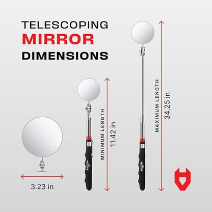 NoCry Heavy Duty Telescoping Inspection Mirror — 3.23 Inch Round Mirror on a Stick; 2-in-1 Storage Pouch; Extendable Mirror up to 30in; Non-Slip Handle; 360° Inspection Mirror Telescoping Swivel Head - style: Telescoping Inspection Mirror