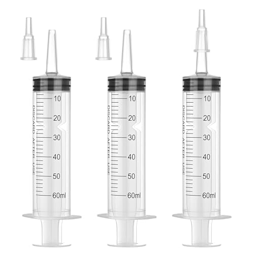 60mL Plastic Syringe for Liquid - 3 Pack Large Syringes with Adapter for Scientific Labs, Feeding, Oil Filling, Individually Wrapped - style: 60mL
