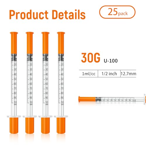 Jeringas con agujas para inyectar, 30G 1ml/cc 1/2"(12.7mm) jeringas, Pack of 25. - size: 1ml-30G 1/2", style: 25 Pack