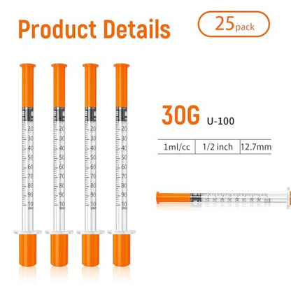 Jeringas con agujas para inyectar, 30G 1ml/cc 1/2"(12.7mm) jeringas, Pack of 25. - size: 1ml-30G 1/2", style: 25 Pack