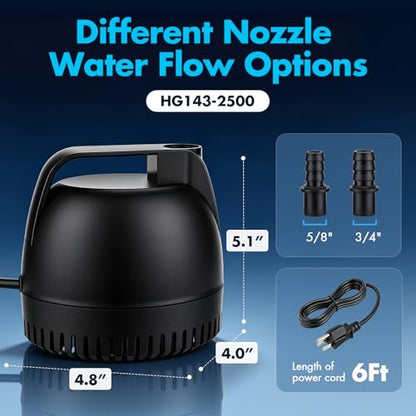 hygger 660GPH Submersible Pump Aquarium, Fish Tank Water Pump Adjustable Flow with 2 Nozzles, 8.2 ft High Lift Quiet Fountain Pump for Aquarium, Pond, Hydroponics, Water Garden - size: M