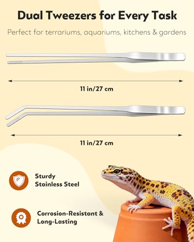 Pawfly 2 Pack 11" Long Reptile Feeding Tweezers, Straight & Curved Stainless Steel Reptile Feeding Tongs, Safe Feeder Tool for Lizard, Bearded Dragon, Gecko & Snake