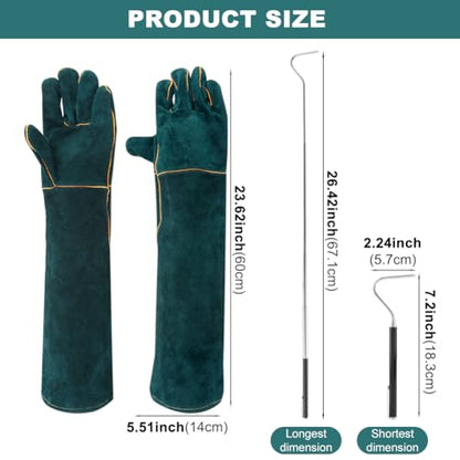 23.6inch Leather Animal Handling Gloves Bite Proof with 40inch Collapsible Snake Hook