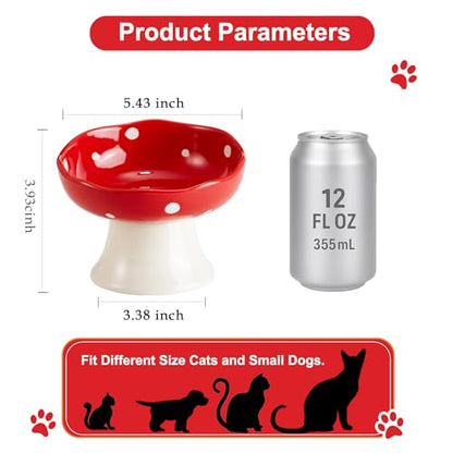 Red and Orange Mushroom Cat Bowl Set, 2PCS Elevated Ceramic Bowls for Cats | Cute Mushroom Set, Elevated, Ceramic, Whisker Friendly, Multi-Cat - color: Red+Orange