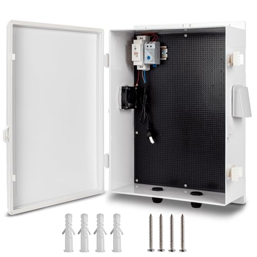 Namunanee Outdoor Electrical Box with Thermostat and Fan, ABS Water Resistant Enclosure with Internal Mounting Panel & Hinged Cover, 18.1" H* 12.6" L* 6.3" W, Plug & Play. - size: 18.1"H x 12.6"L x 6.3"W & Thermostat