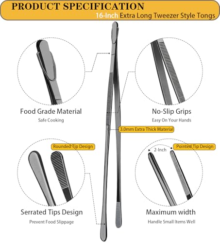 JETKONG 2 Pcs 16-Inch Heavy Duty Plating Tongs, Extra-Long Kitchen Fine Tongs Large Stainless Steel Cooking Forceps (Black) - color: Black, size: 16+16 Inch