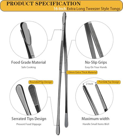 JETKONG 2 Pcs 16-Inch Heavy Duty Plating Tongs, Extra-Long Kitchen Fine Tongs Large Stainless Steel Cooking Forceps (Black) - color: Black, size: 16+16 Inch