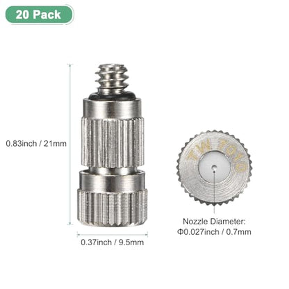 M METERXITY 20-Pack Brass Misting Nozzles, 0.027"/0.7mm Orifice Mister Nozzles Brass, High Pressure Spray Misting Nozzle Head for Outdoor Cooling System/Greenhouse/Landscaping [3/16] - size: 0.7mm